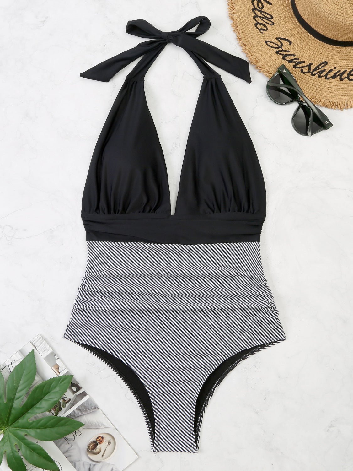 One Piece Swimsuit Nylon Fast Dry Premium Luxury Halter Neck Plunge Low V One-Piece Swimwear - Image 6