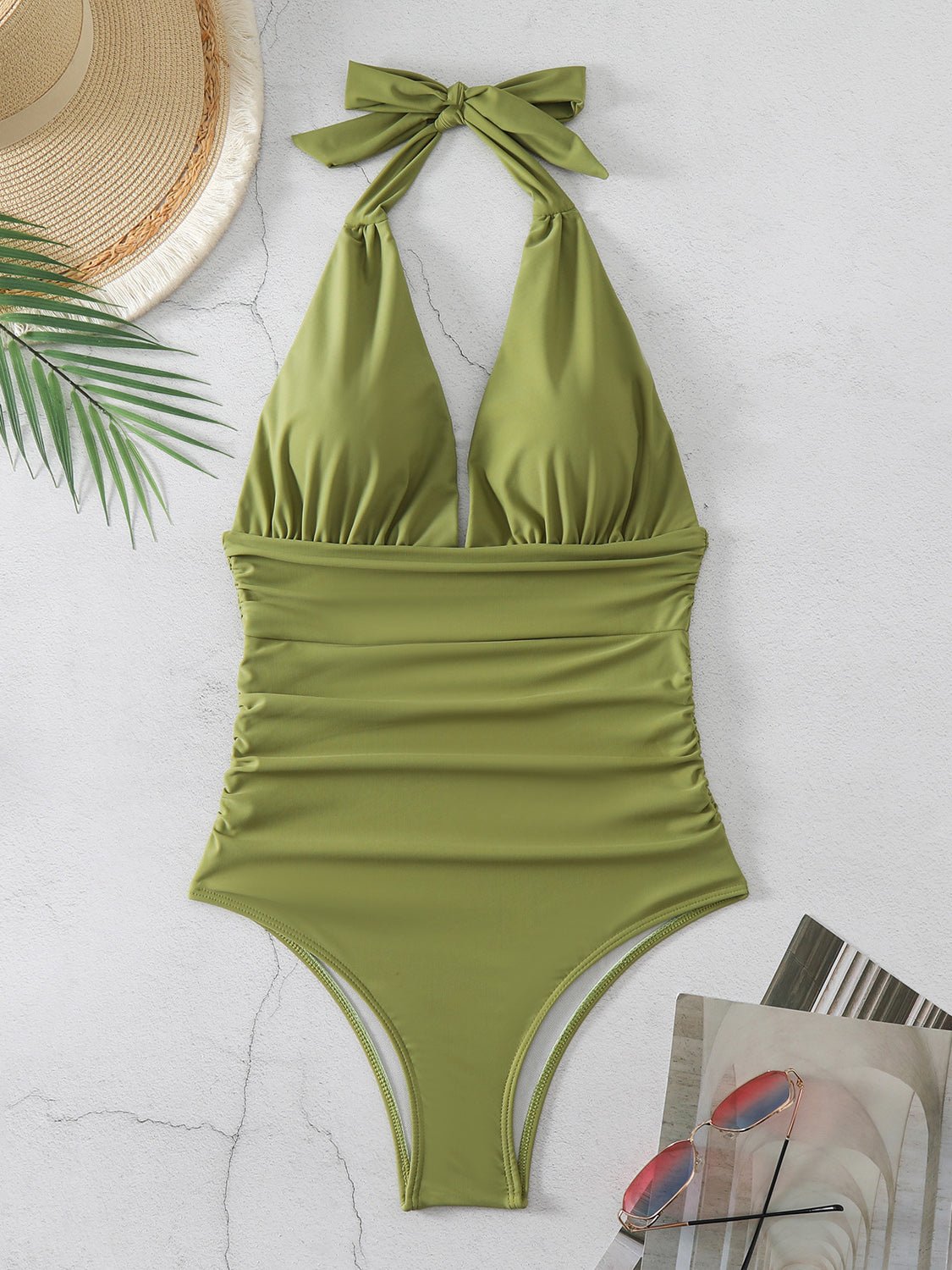 One Piece Swimsuit Nylon Fast Dry Premium Luxury Halter Neck Plunge Low V One-Piece Swimwear - Image 12