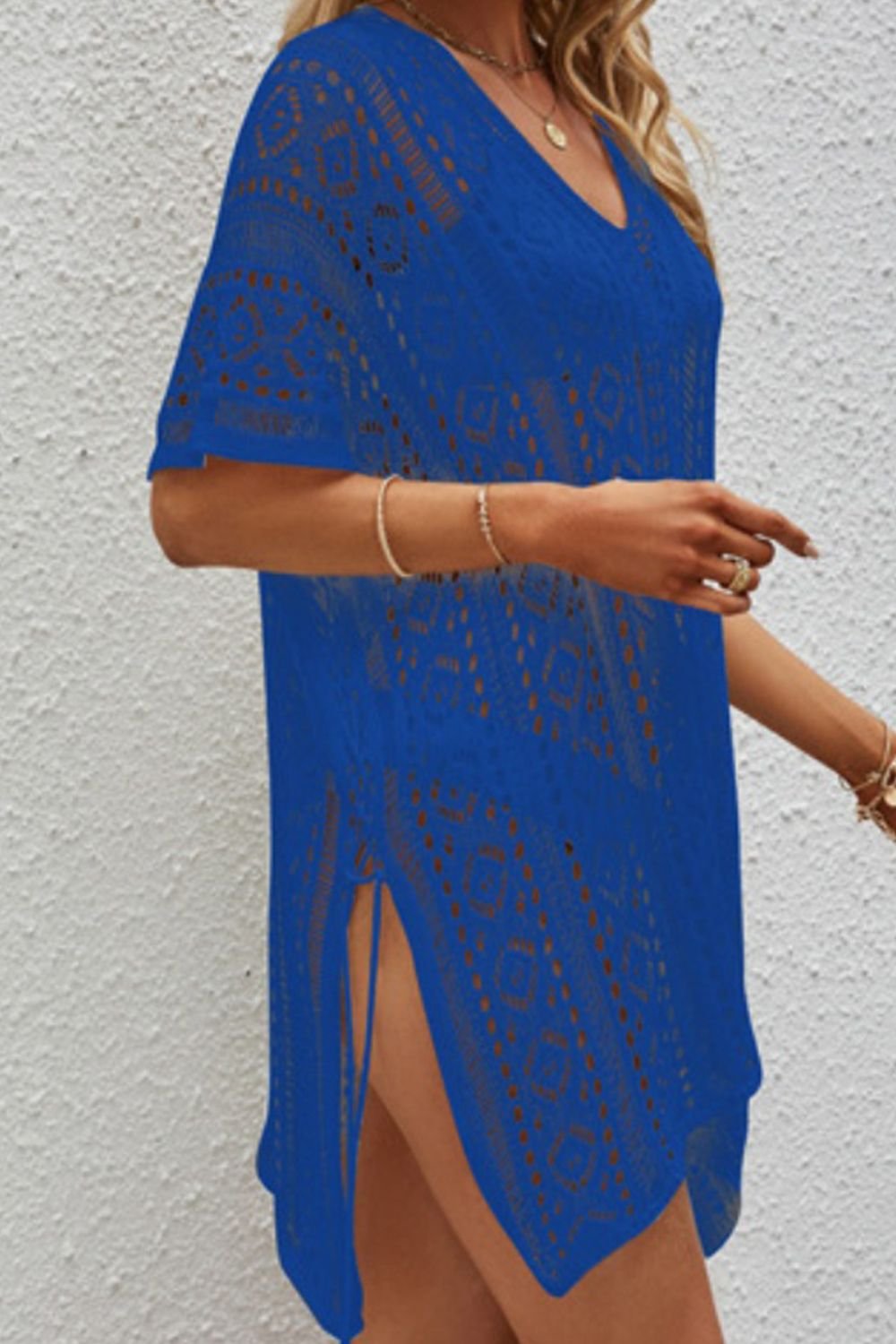 Openwork V-Neck Short Sleeve Cover Up - Image 4