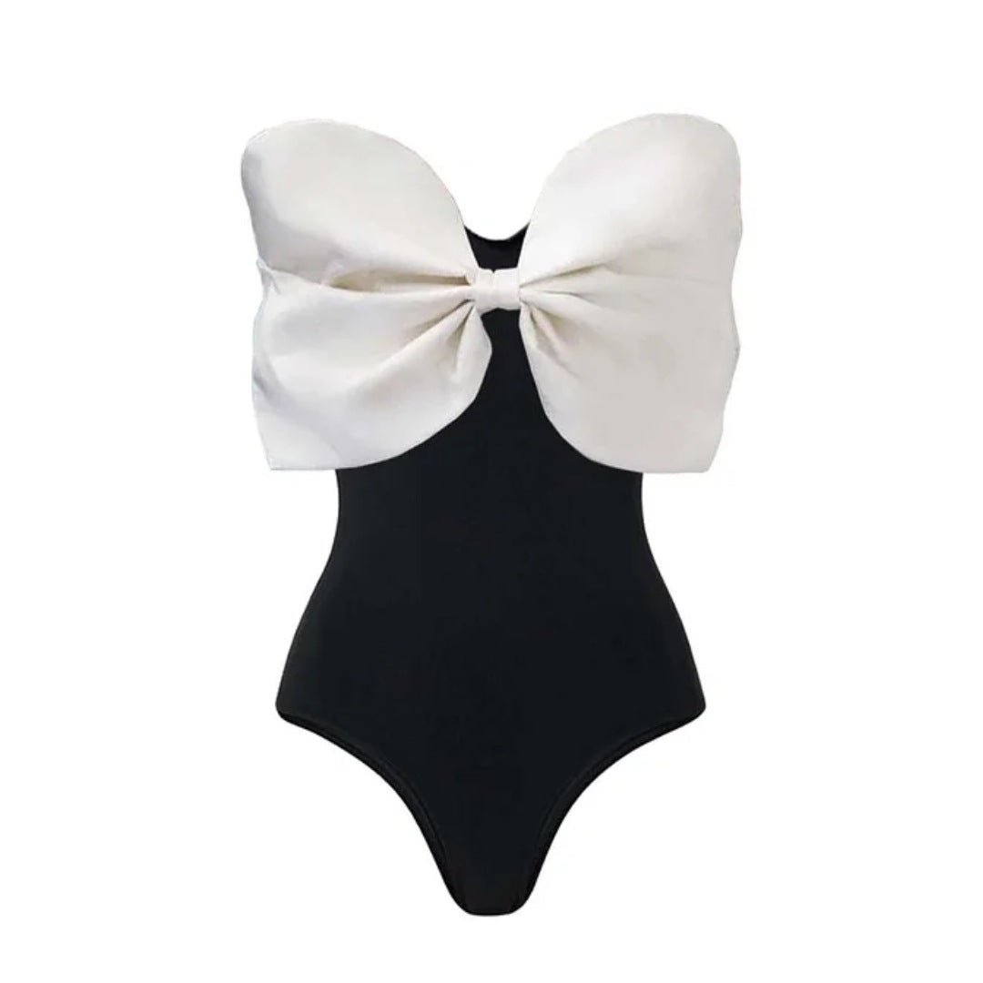 Black And White Tube Top Bow One-piece Swimsuit - Image 7