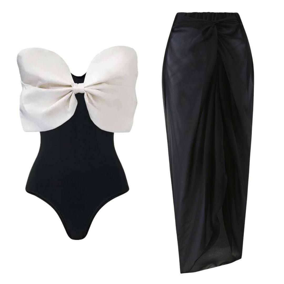 Black And White Tube Top Bow One-piece Swimsuit - Image 4
