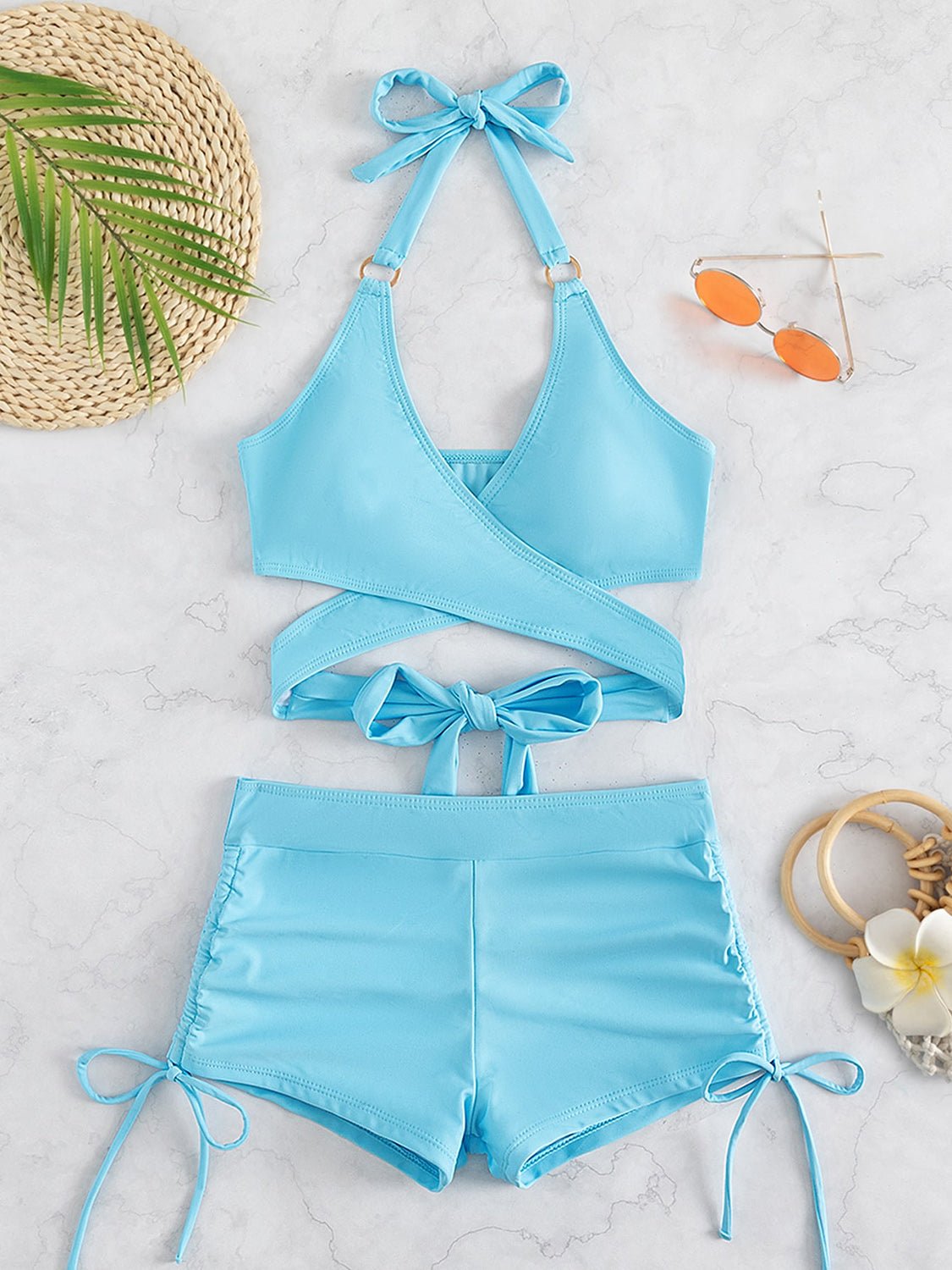 Swimsuit Two Piece Set Crisscross Tied Top and Drawstring Shorts Women's Swimwear Fashion - Image 3