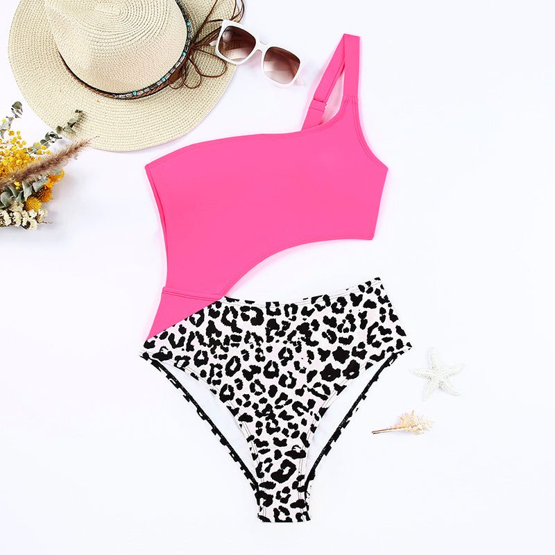 Backless Midriff Outfit Leopard Print One Shoulder Tight Triangle One Piece Swimsuit - Image 3